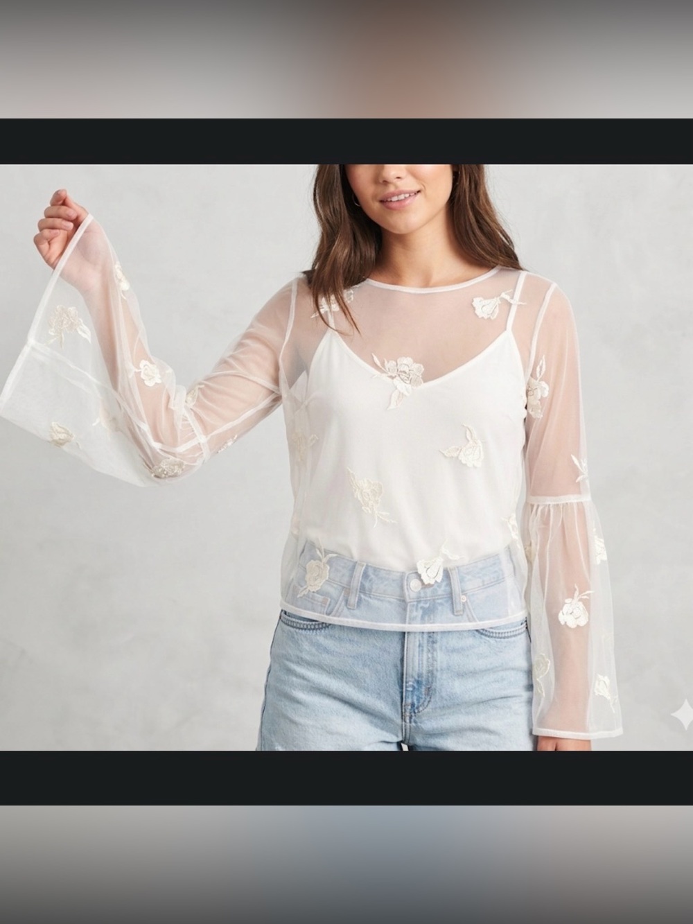 Hollister Sheer Mesh Floral Embroidered Top M White Angel Bell Sleeve Camisole